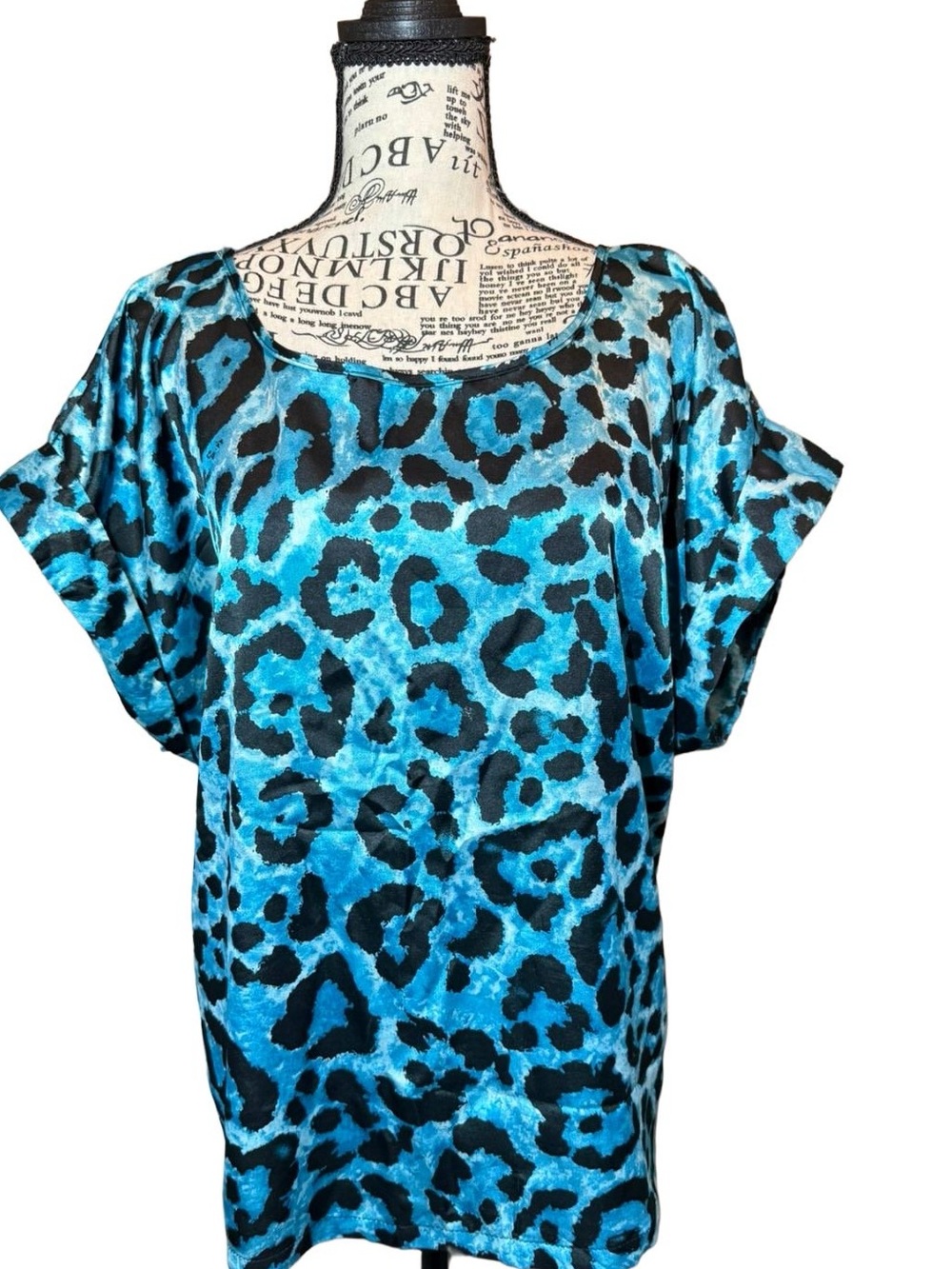 Vibrant Turquoise Leopard Print Dolman Sleeve Tunic Plus Size 2X - 3X